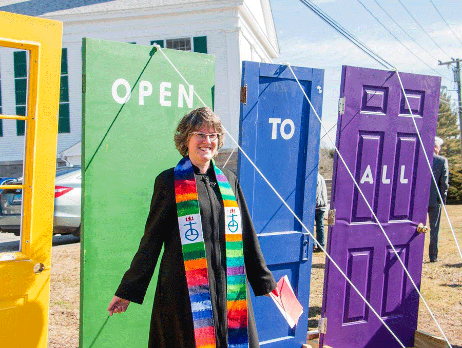 rainbow colored doors representing LGBT welcome